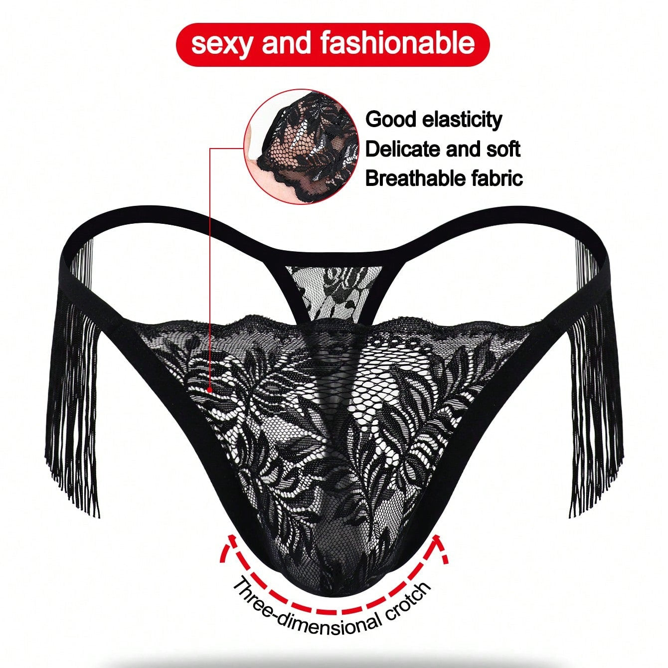 Men's Black Lace Tassel Mid Waist Briefs