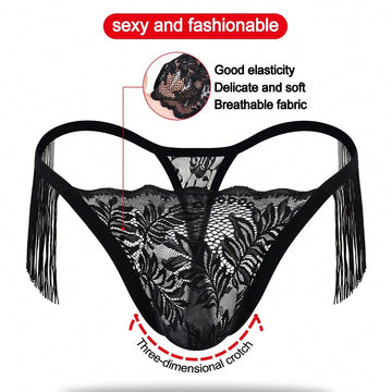 Men's Black Lace Tassel Mid Waist Briefs