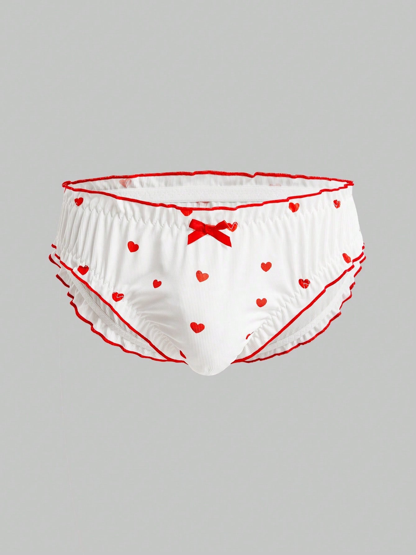 Men’s Heart Print Short With Ruched Detail And Bow Accent, Clean Design, For Daily Wear