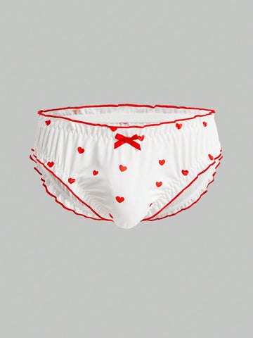 Men’s Heart Print Short With Ruched Detail And Bow Accent, Clean Design, For Daily Wear