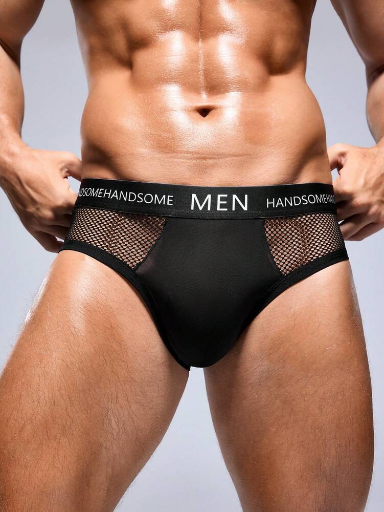 Men’s shorts Mesh Contrast Letter, Elastic Waistband, Lightweight Fabric, For Daily Wear