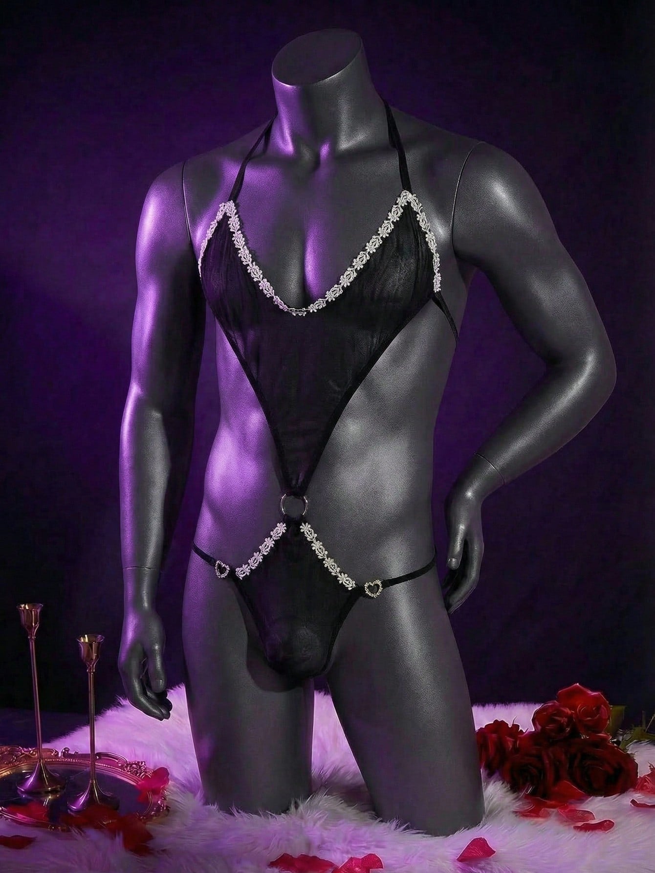Lace Trim Hollow Out Camisole Rhinestone Lingerie Set For Men