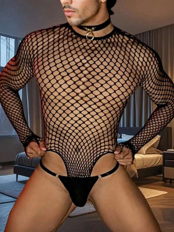 Men’s Fishnet Jumpsuit – Stretchy Hollowed-Out Tight Party Outfit