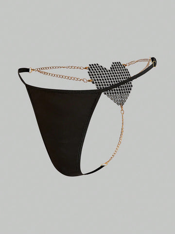 Men’s Short With Heart Motif And Decorative Stone Accent, Metal Chain Detail, For General Wear