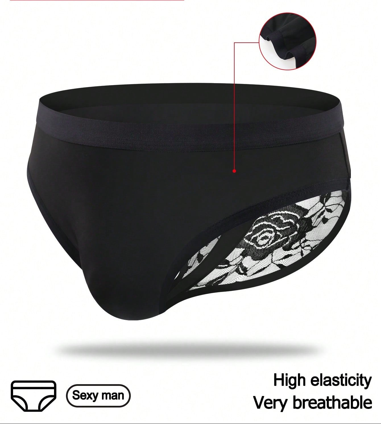 Men’s Black Short with Rose Lace Patchwork, Lightweight Material, Clean Style