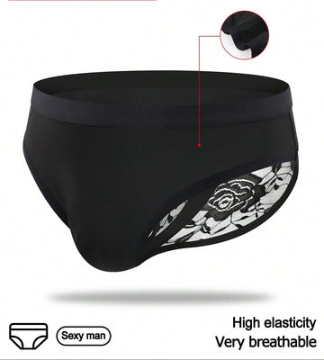 Men’s Black Short with Rose Lace Patchwork, Lightweight Material, Clean Style