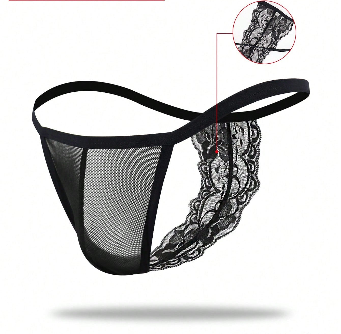 1pc Men’s Black Mesh Short with Lace Trim at Waist, Lightweight and Breathable Fabric