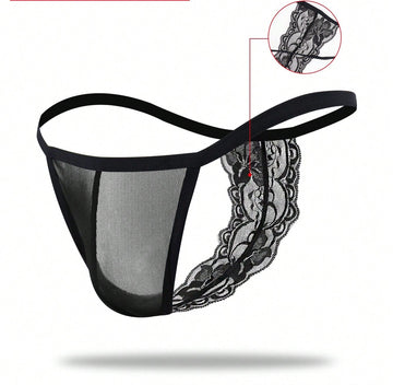 1pc Men’s Black Mesh Short with Lace Trim at Waist, Lightweight and Breathable Fabric