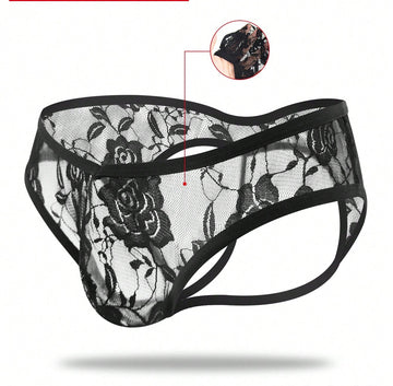 1pc Men’s Short with Black Rose Lace Trim Detail, Lightweight Material, Clean Design