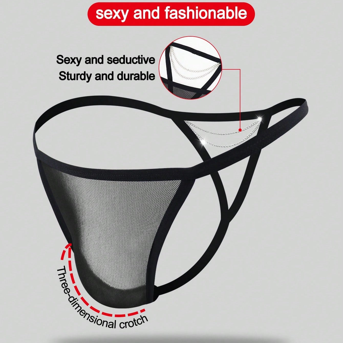 Men's Black Hollow Mesh Waist Underwear With Chain Detail