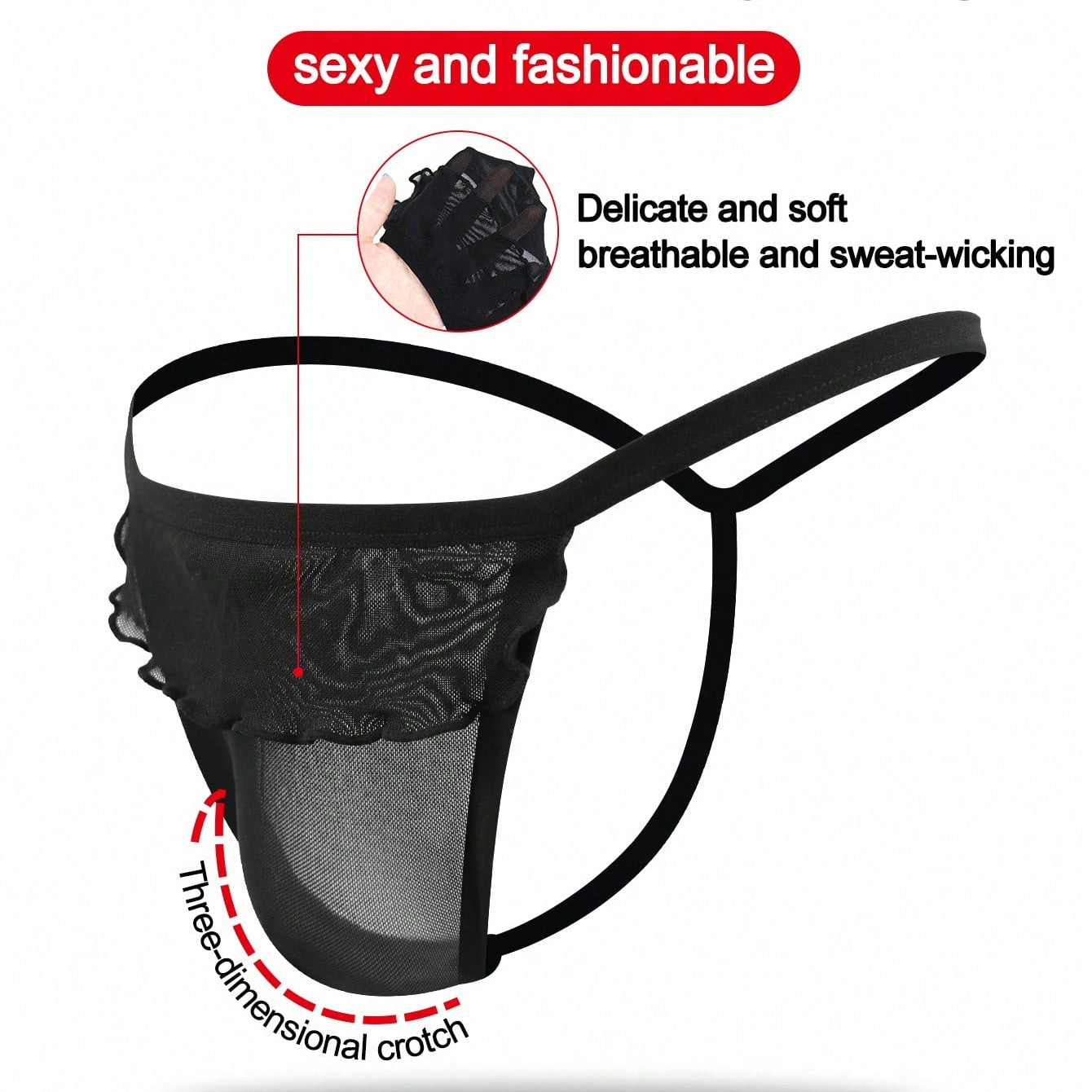 Men's Black Hollow Mesh Mid Waist Underwear