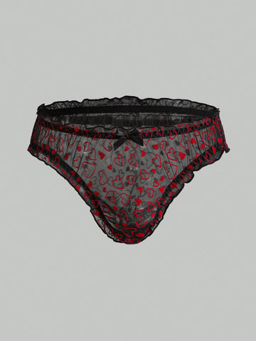 Men’s Heart Print Short With Bow Detail, Mesh Fabric Texture, Lightweight Design, For Daily Use