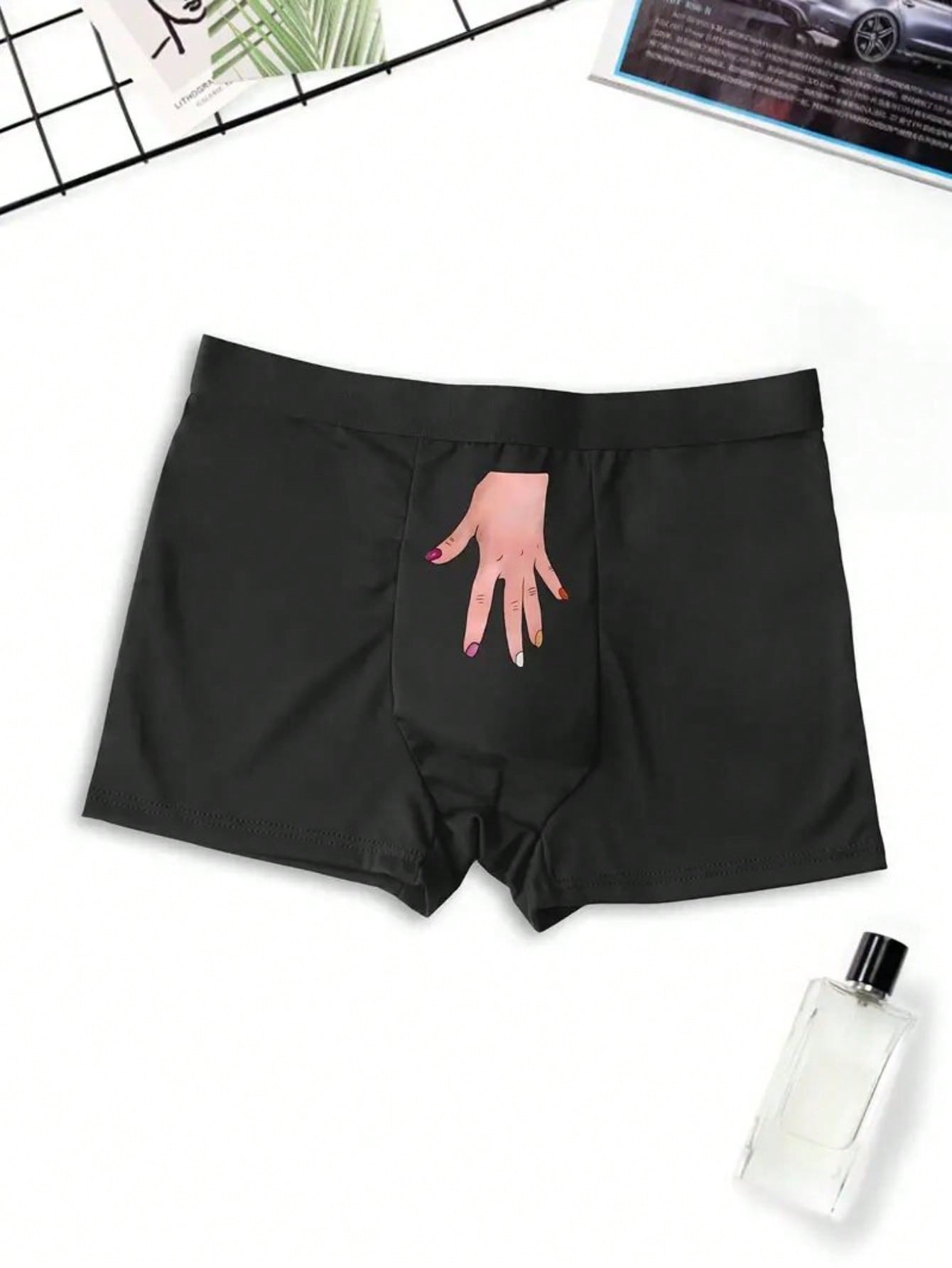 Men's Black Briefs With Handprint Pattern