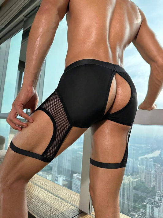 Men’s Black Mesh Thong with Letter Tape Detail