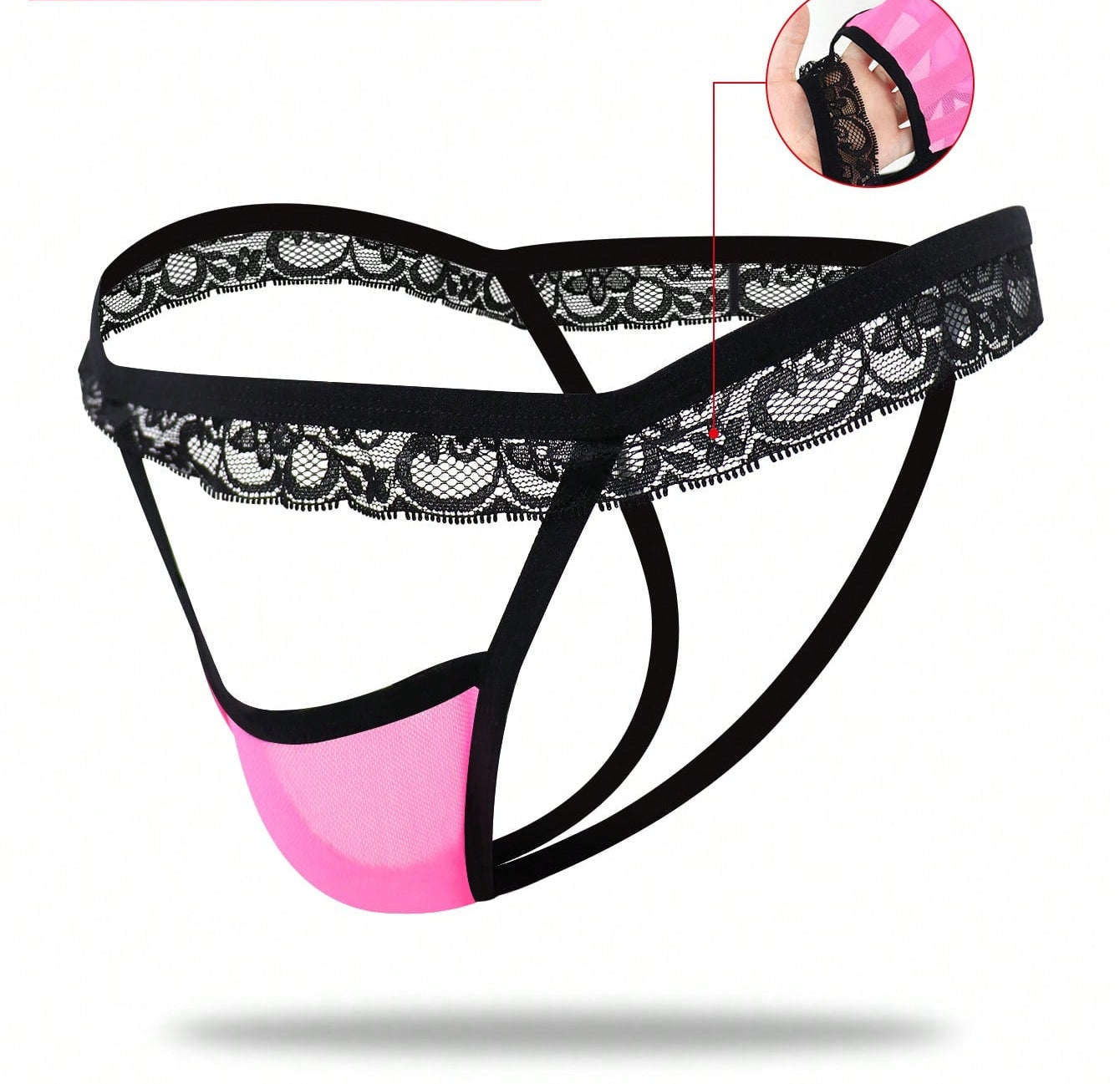 1pc Men’s Fuchsia Mesh Short with Lace Trim, Lightweight and Breathable Fabric