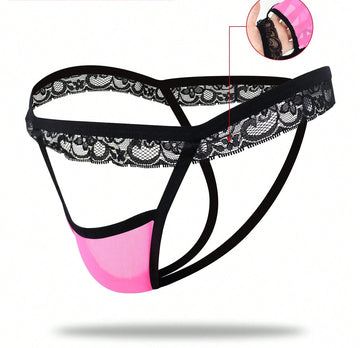 1pc Men’s Fuchsia Mesh Short with Lace Trim, Lightweight and Breathable Fabric