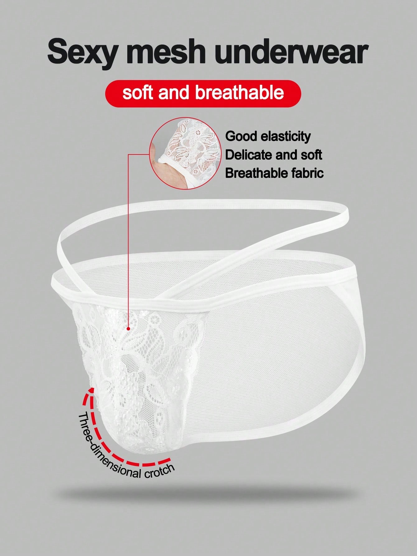 White Lace Hollow Mesh Mid Rise Underwear For Men