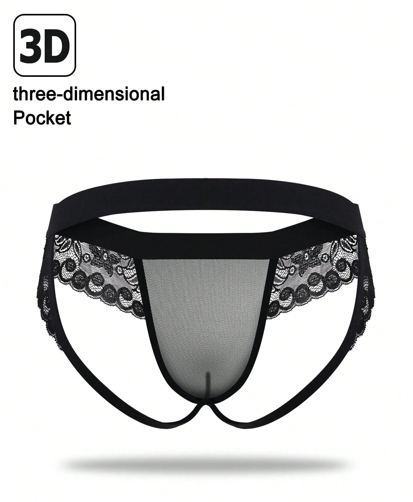 1pc Men’s Black Mesh Short with Lace Waist Detail, Lightweight Material, Minimal Design