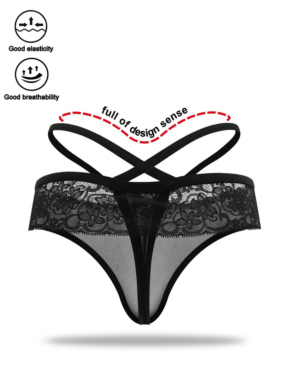 Men’s Black Mesh Short with Lace Waist Trim, Lightweight Fabric, Simple Design