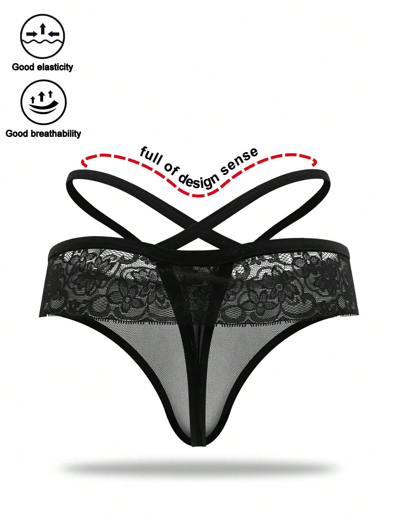 Men’s Black Mesh Short with Lace Waist Trim, Lightweight Fabric, Simple Design