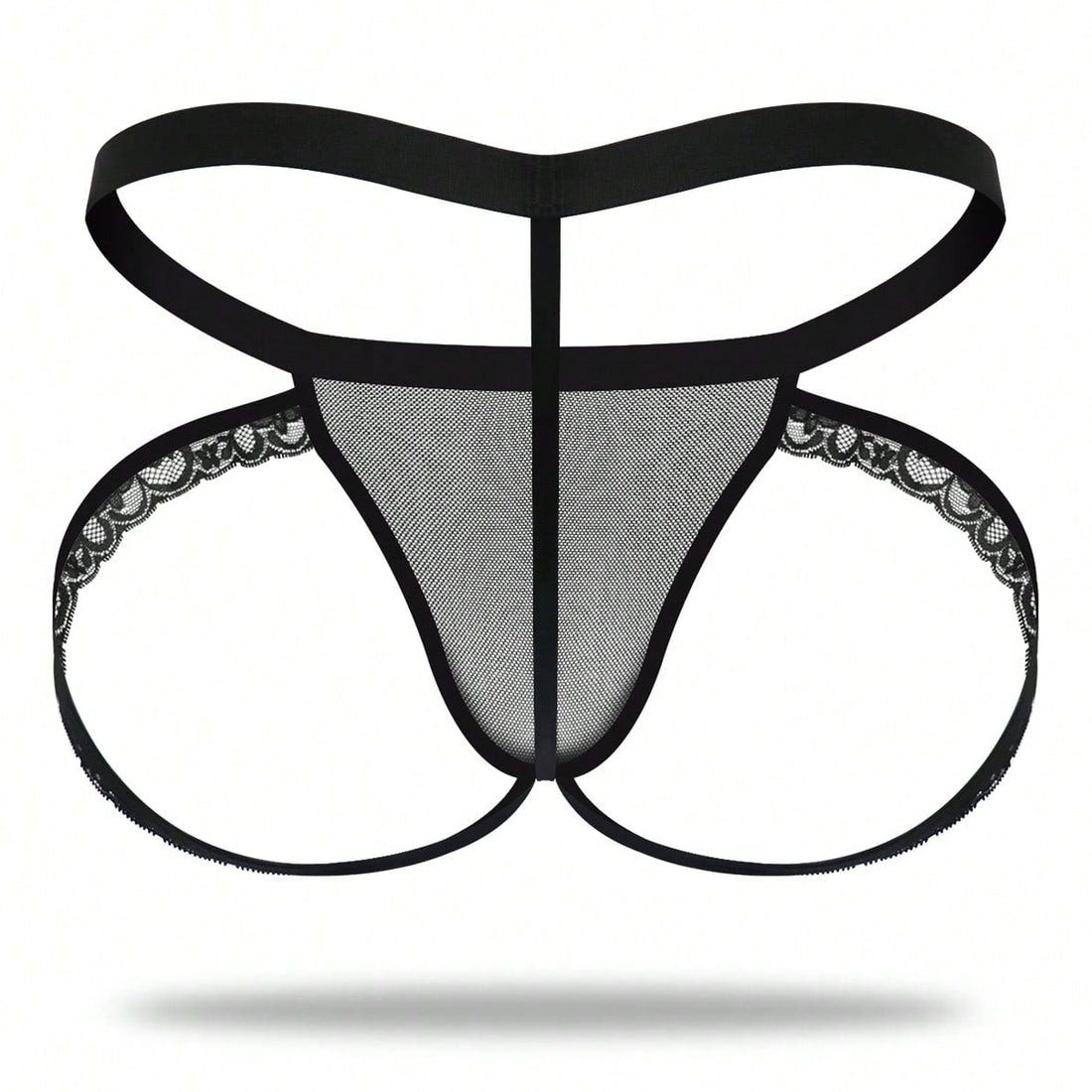 1pc Men's Black Lace Trim Mesh Mid Waist Thong Briefs
