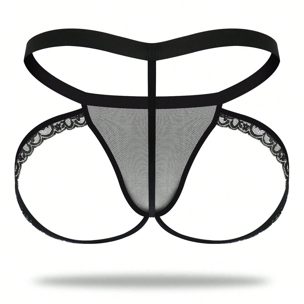1pc Men's Black Lace Trim Mesh Mid Waist Thong Briefs