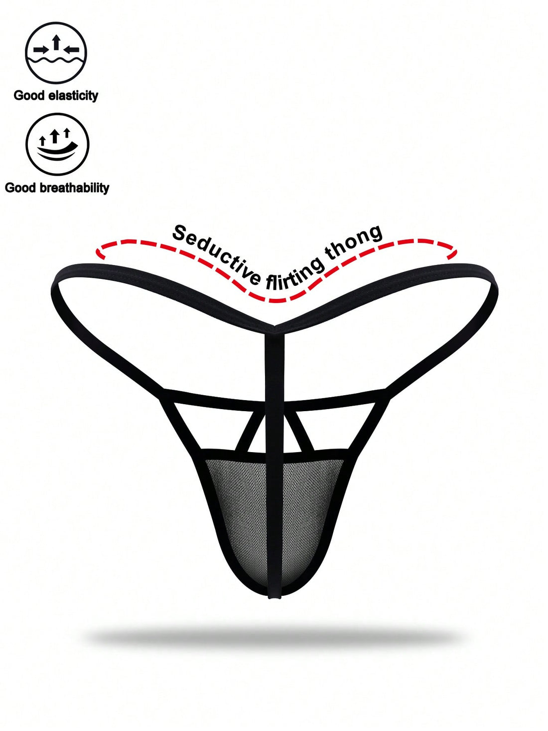 Men's Black Hollow Mesh Mid Waist Thong Underwear