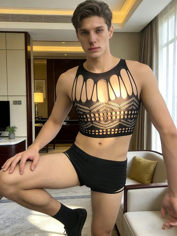 Hollow Mesh Sheer Nightclub Fishnet Bodystocking For Men