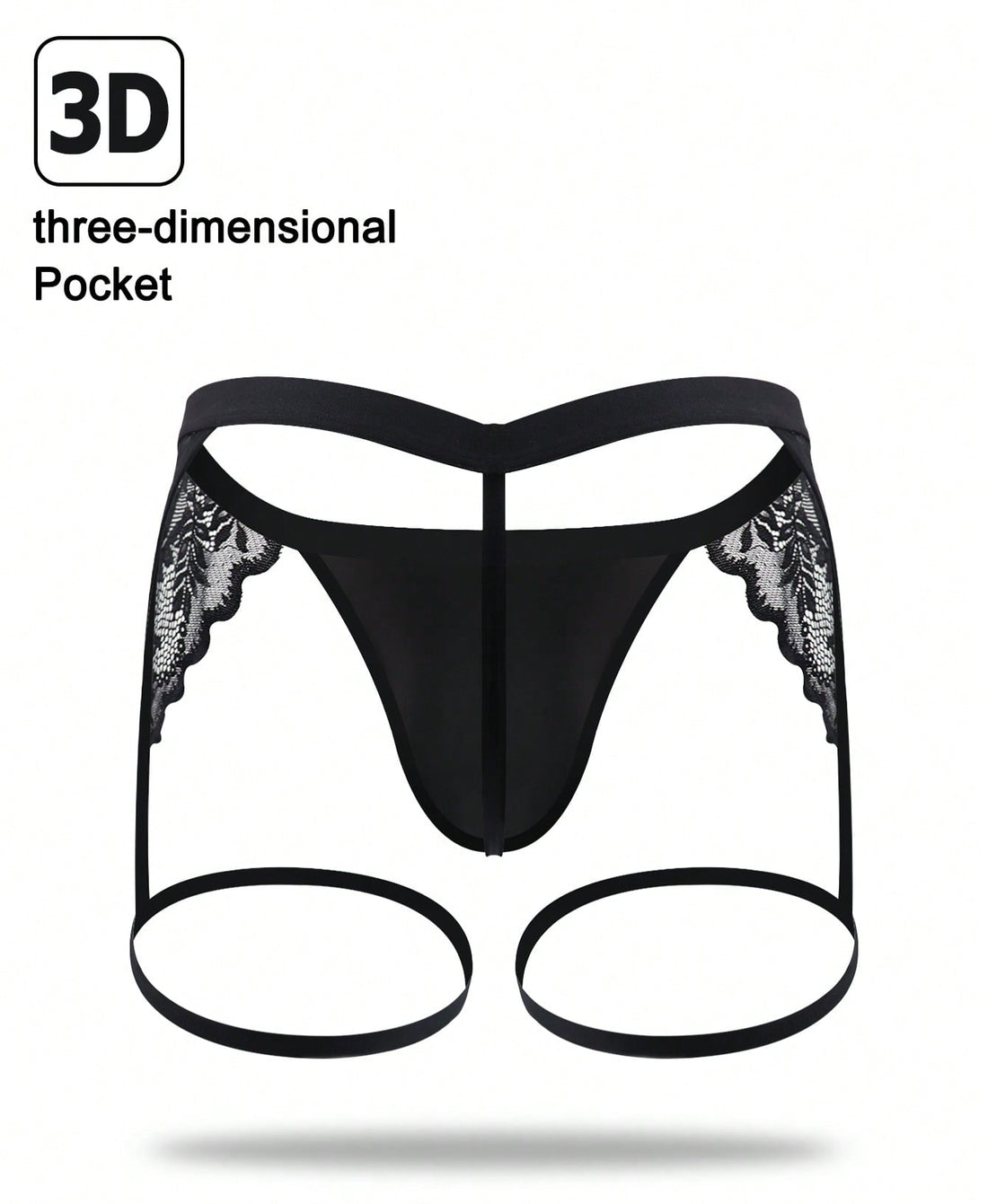 1pc Men’s Black Lace Short with Decorative Strap Detail, Lightweight Fabric