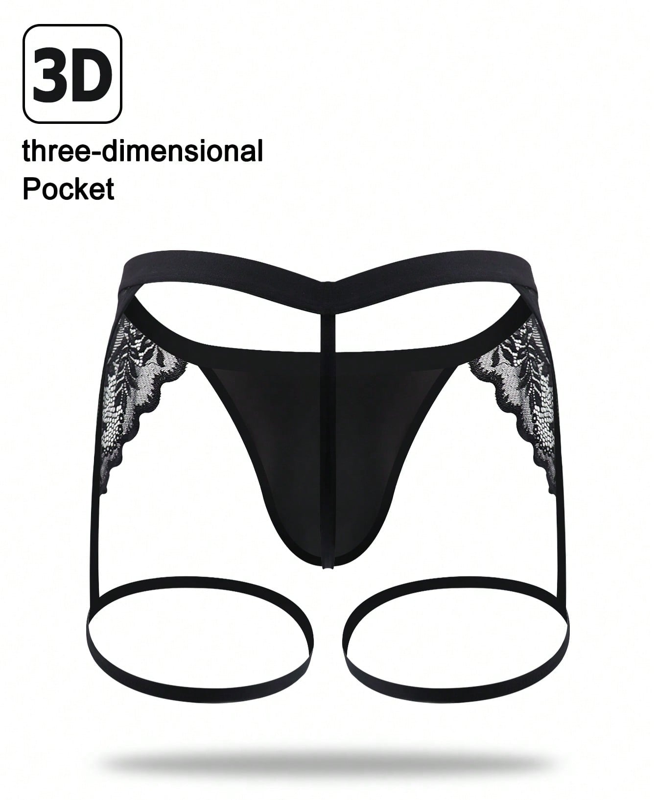 1pc Men’s Black Lace Short with Decorative Strap Detail, Lightweight Fabric