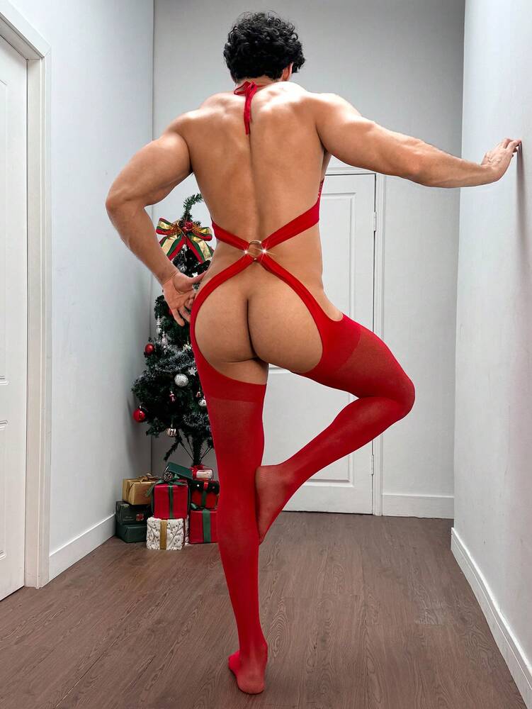 Men’s Christmas Red Mesh Festival Outfit – Minimal Cover Party Wear