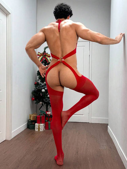 Men’s Christmas Red Mesh Festival Outfit – Minimal Cover Party Wear