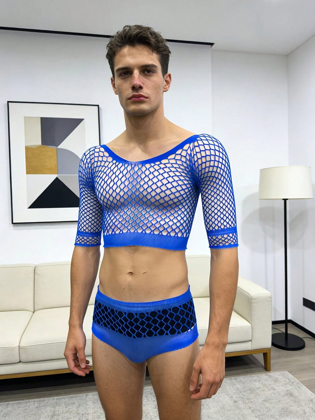 Knitted Elastic Mesh Sheer Lingerie Set For Men