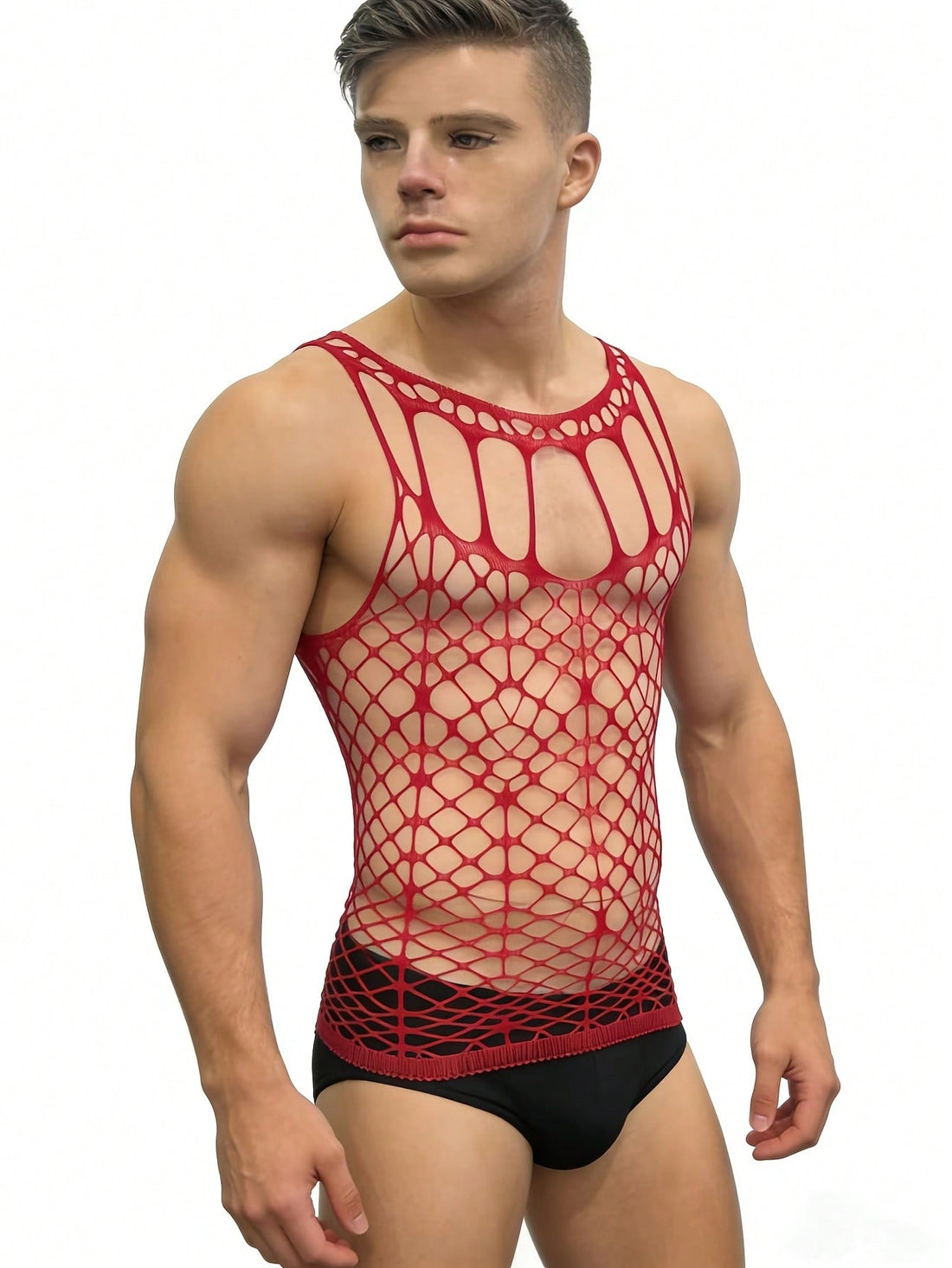 Fishnet Hollow Out Knitted Elastic Sheer Shirt For Men