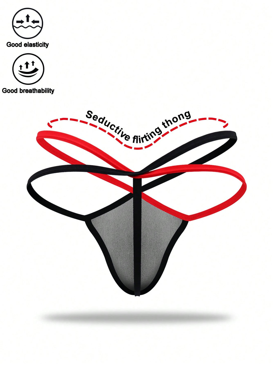 1pc Men's Black Hollow Mesh Underwear With Red Trim