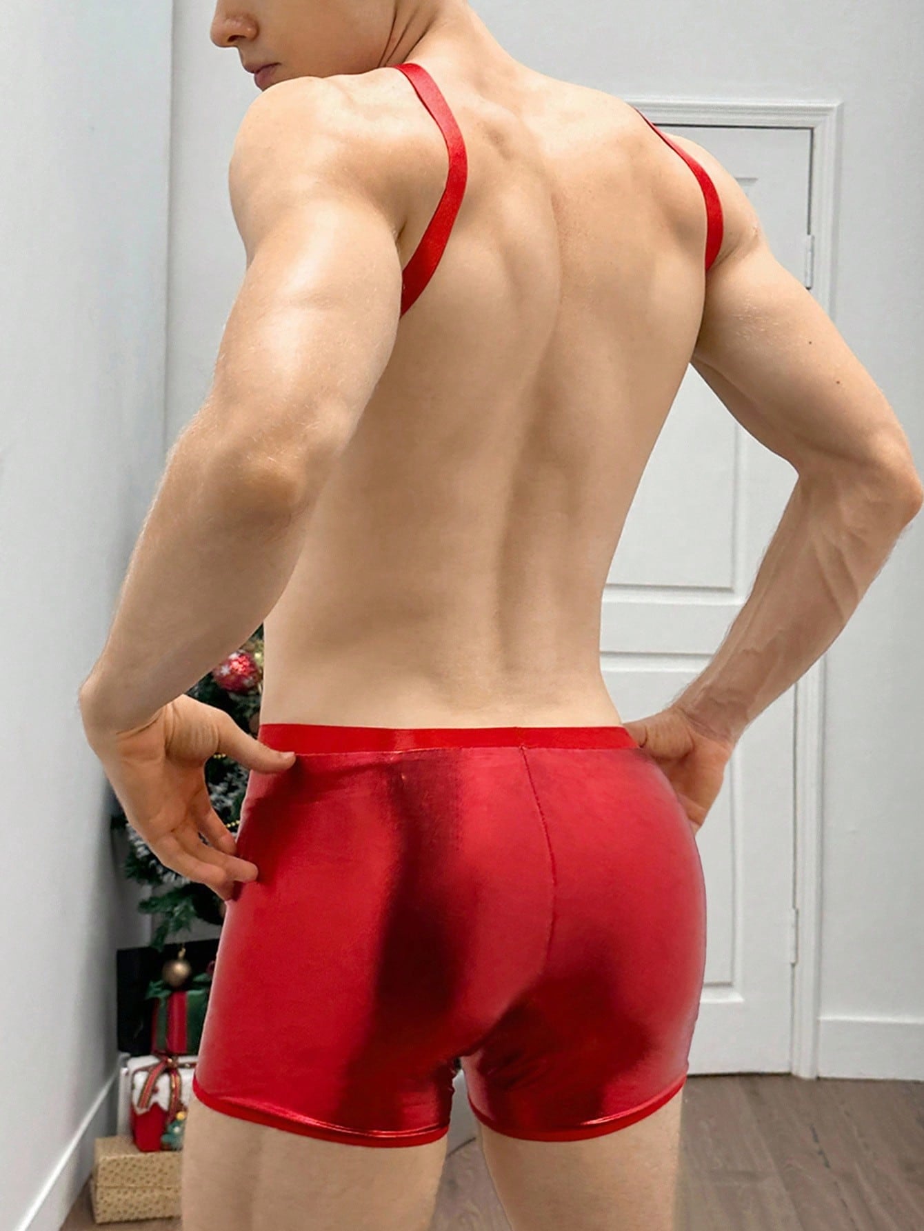 Men’s Shiny Texture One-Piece Outfit With Headband Neutral Design For Casual Styling