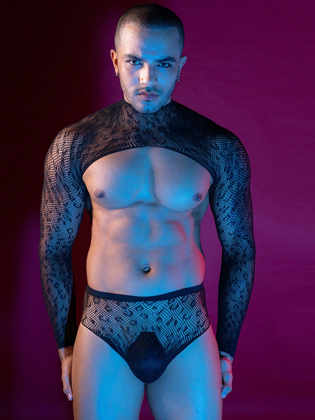Sheer Leopard Print Long Sleeve Fishnet Bodysuit For Men