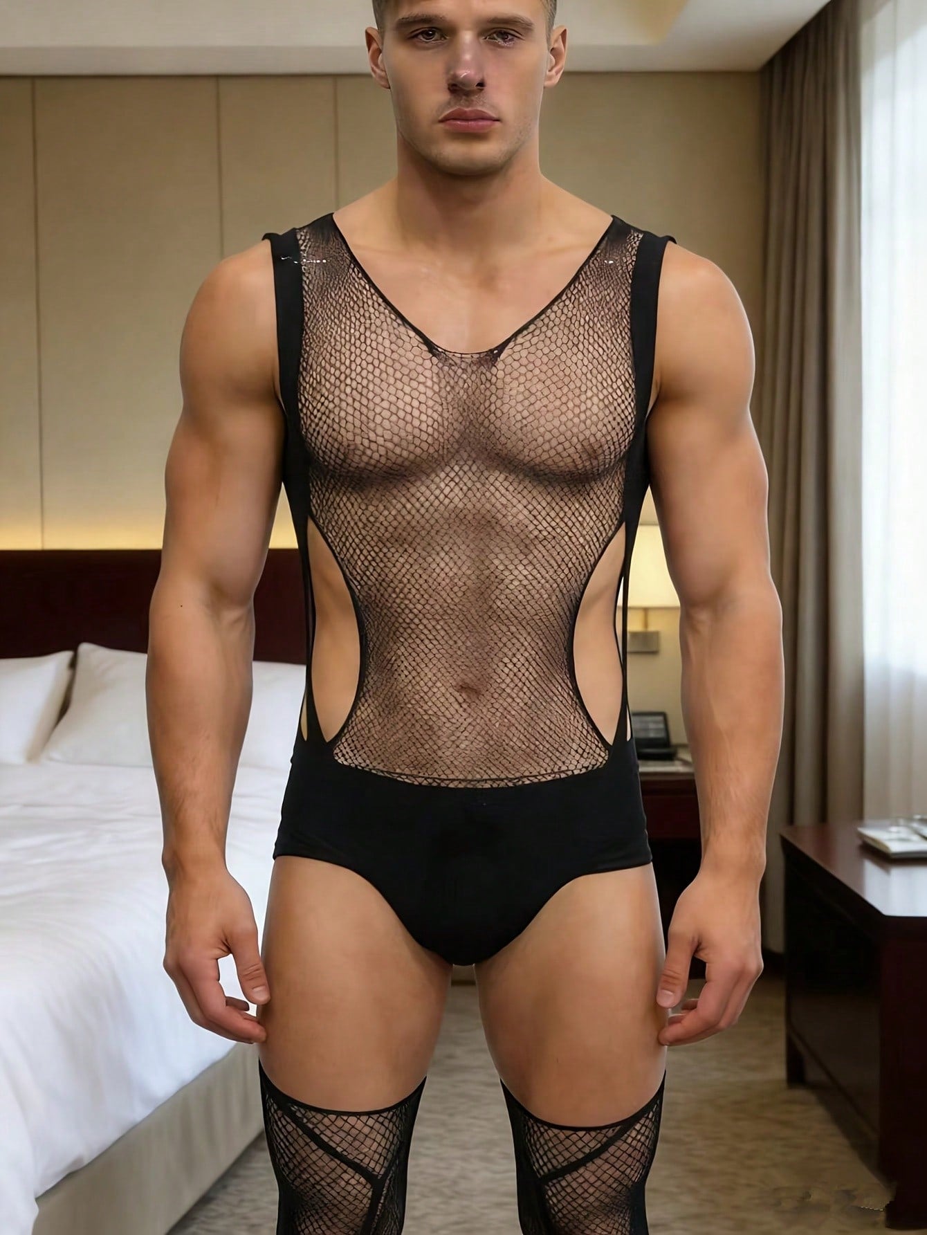 Fishnet Hollow Out Sheer Bodystocking For Men