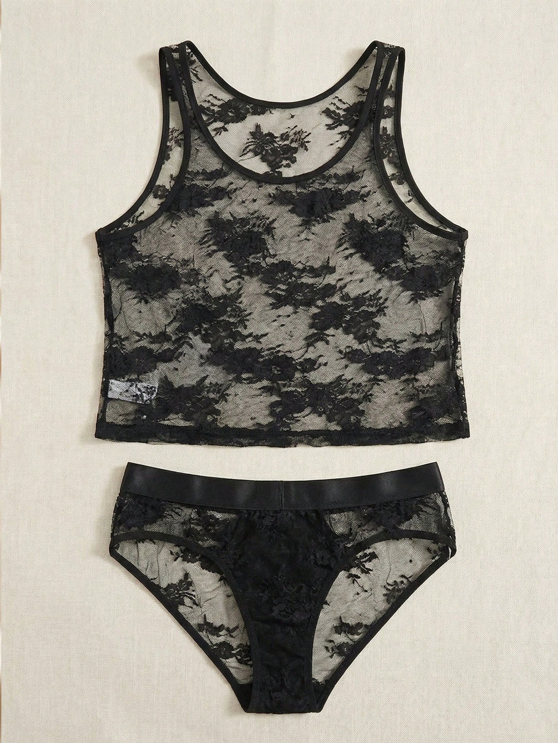 Men’s Black Lace Patchwork Short Set, 2pcs, Lightweight Fabric, Party Theme Design
