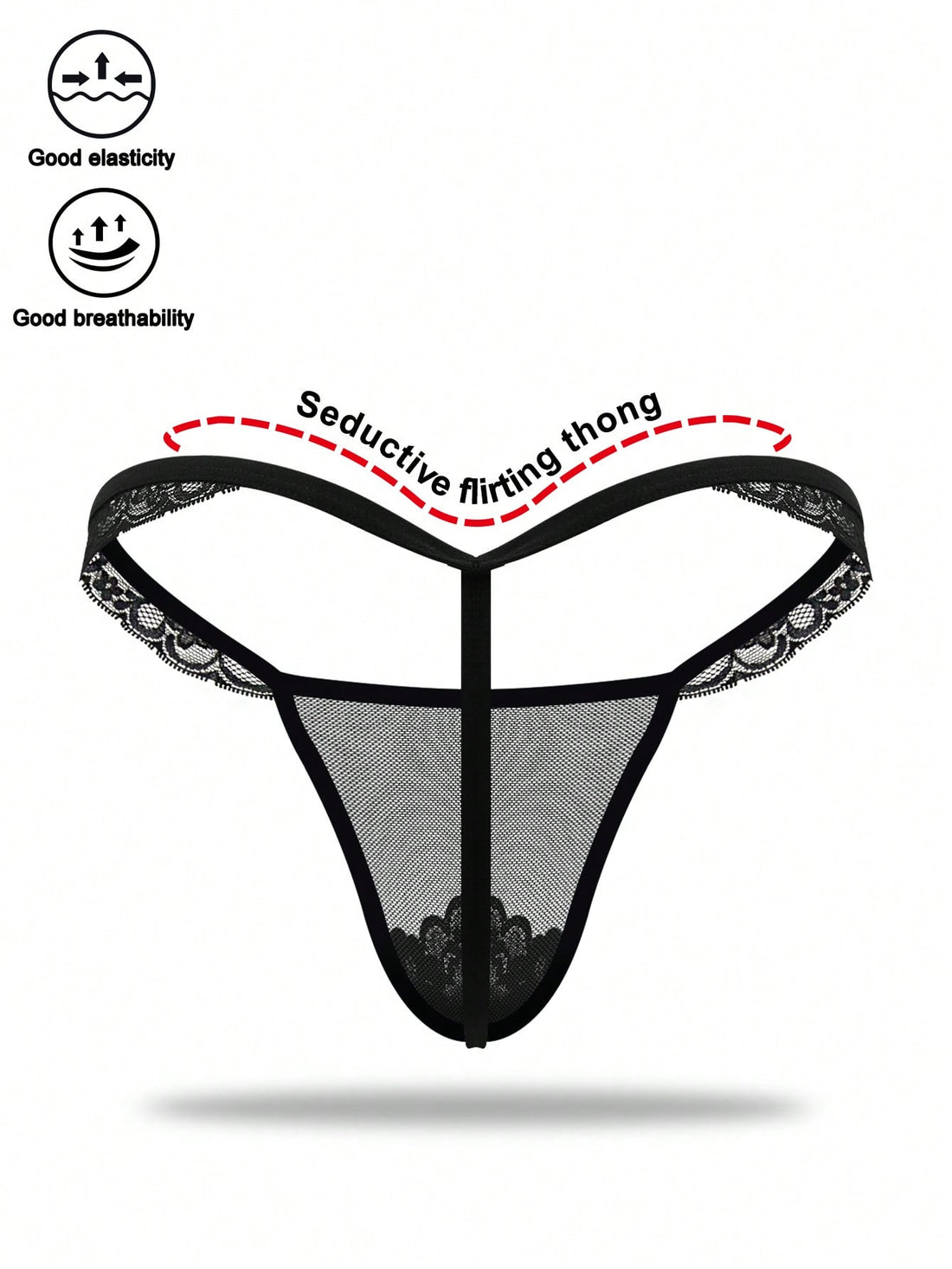 Men’s Black Mesh Short with Lace Trim, Mid-Waist Design, Lightweight Material