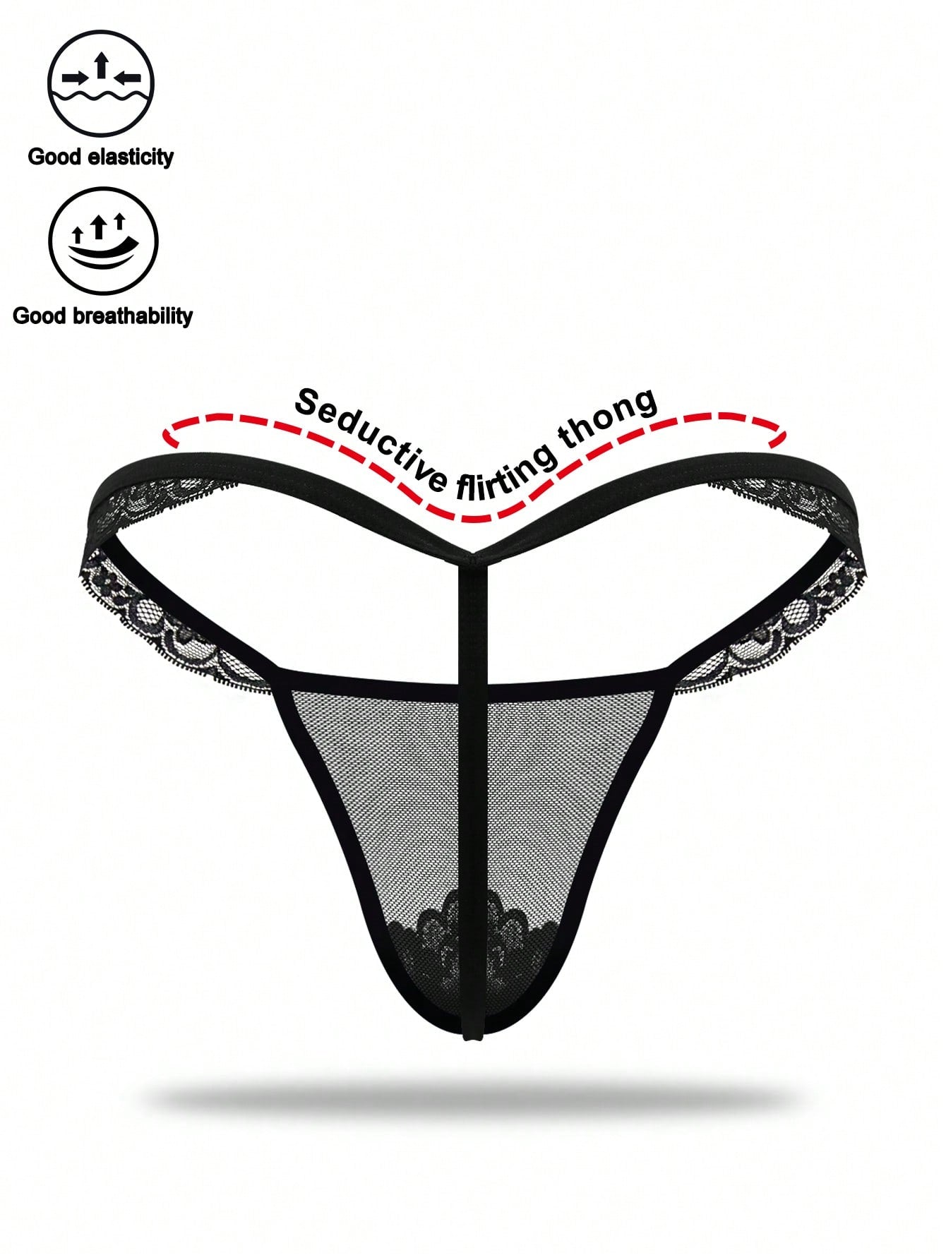 Men’s Black Mesh Short with Lace Trim, Mid-Waist Design, Lightweight Material