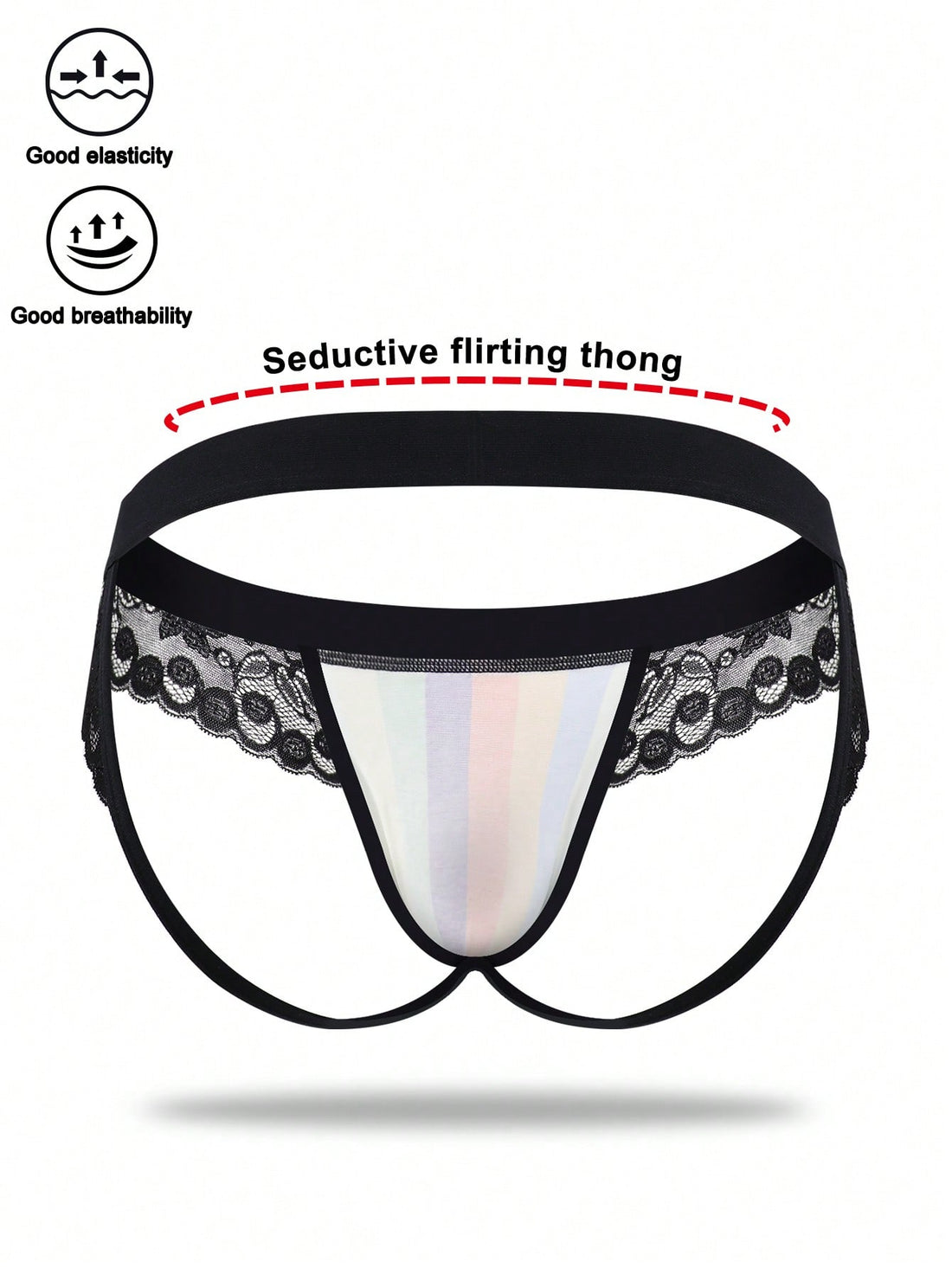 1pc Men’s Black Textured Knit Short With Rainbow Print Detail, Lightweight Design, For Daily Use