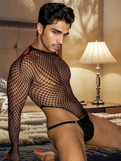 Men’s Fishnet Jumpsuit – Stretchy Hollowed-Out Tight Party Outfit