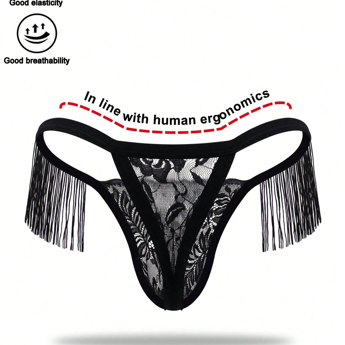 Men's Black Lace Tassel Mid Waist Briefs