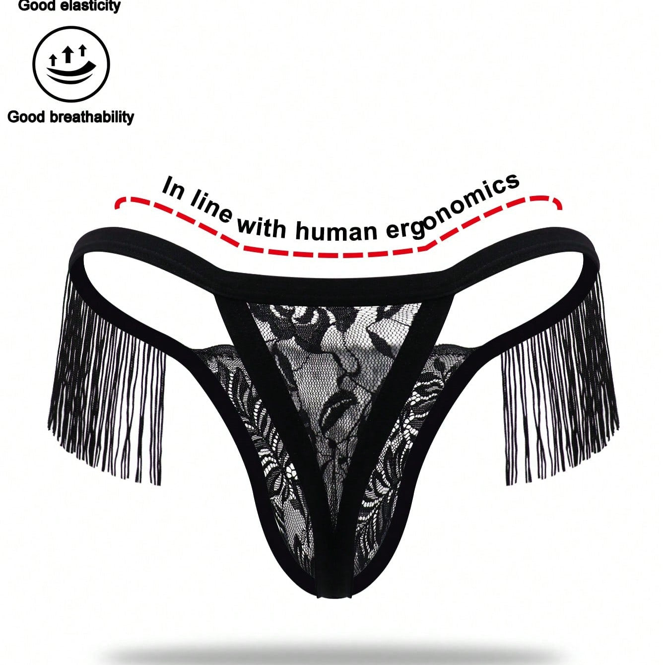 Men's Black Lace Tassel Mid Waist Briefs