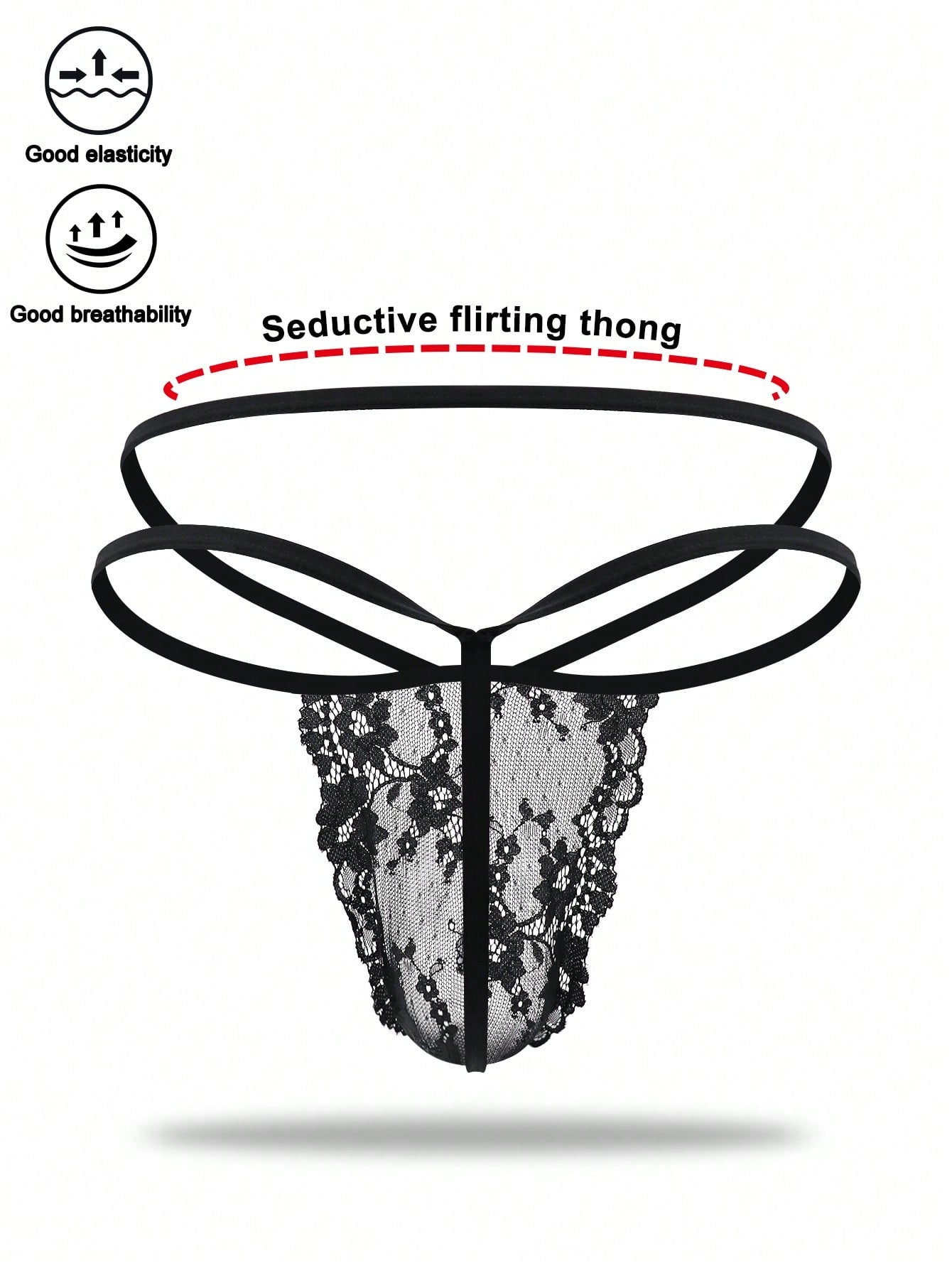 1pc Men’s Black Short with Lace Trim, Seamless Design, Comfortable Waist Fit