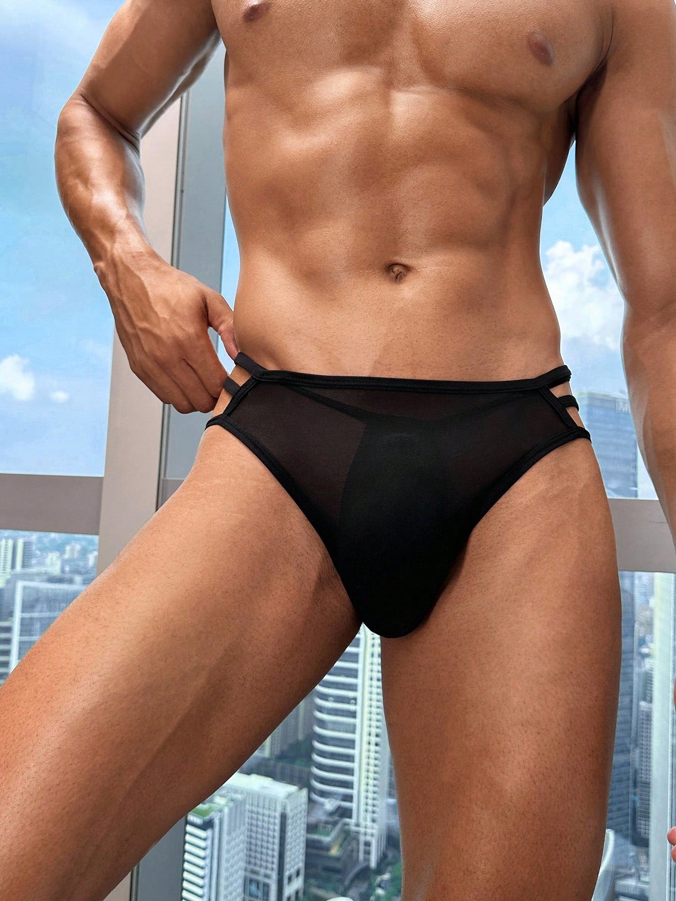 Men’s Solid Tone Short With Criss Cross Front Detail For Casual Styling