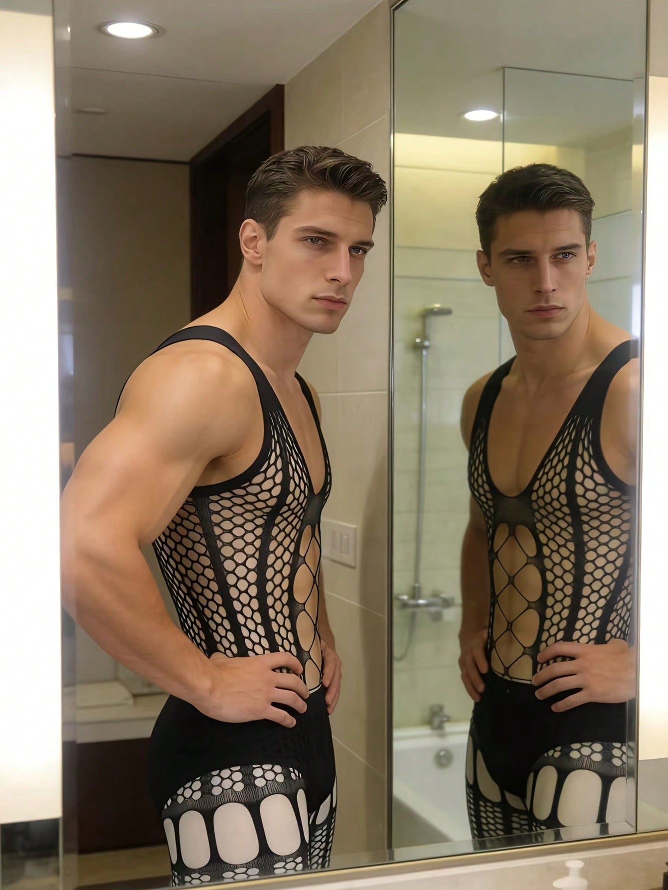 Elastic Knitted Sheer Mesh Fishnet Bodystocking For Men