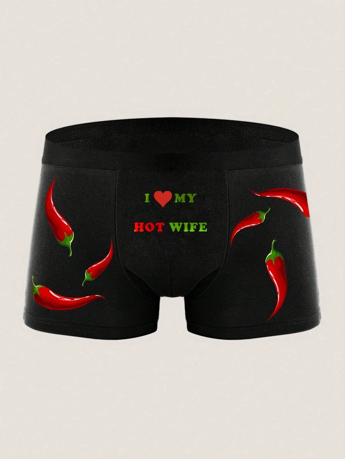 Men's Black Boxer Briefs With Red Pepper Heart And Letter Print
