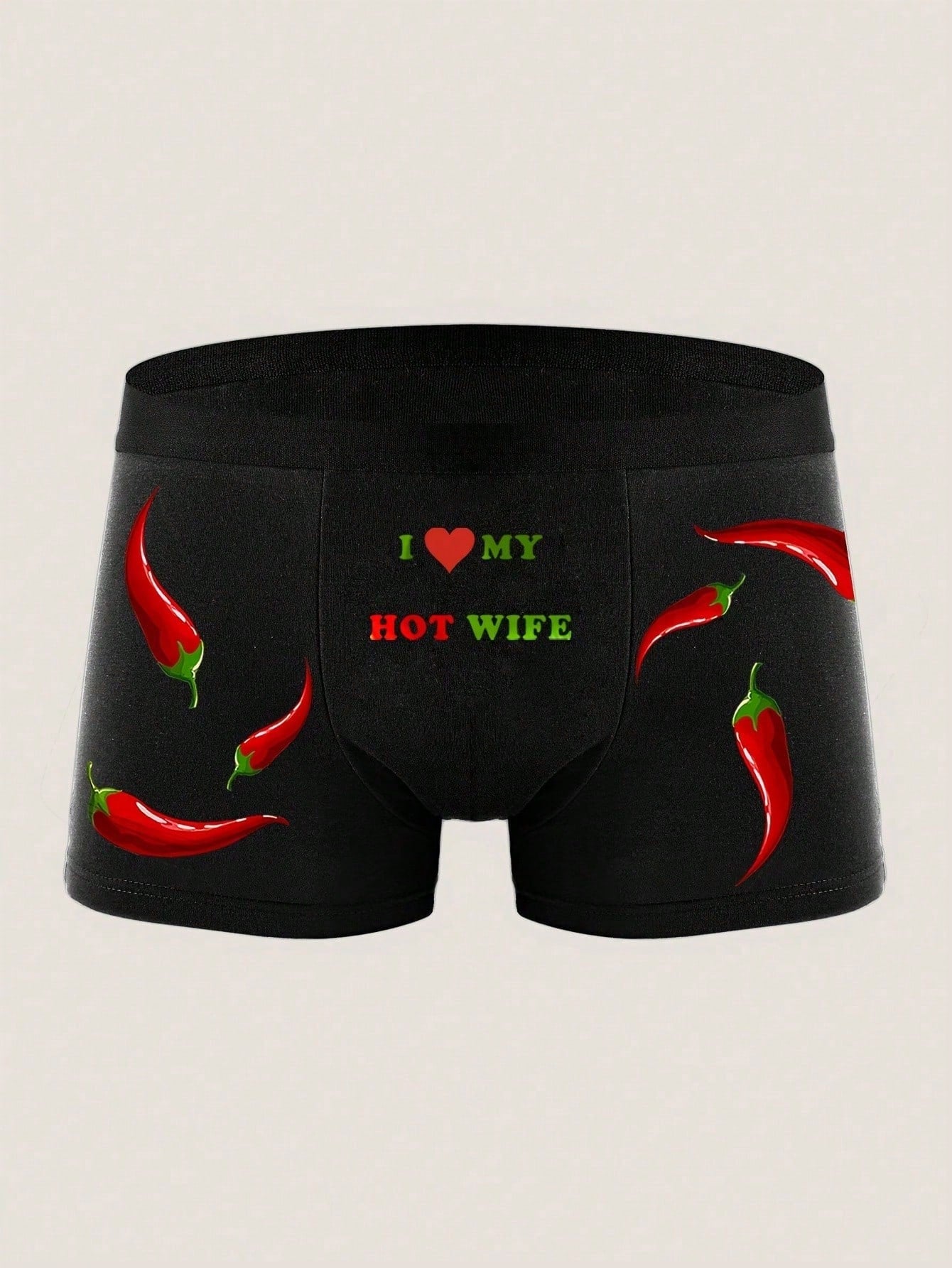 Men's Black Boxer Briefs With Red Pepper Heart And Letter Print